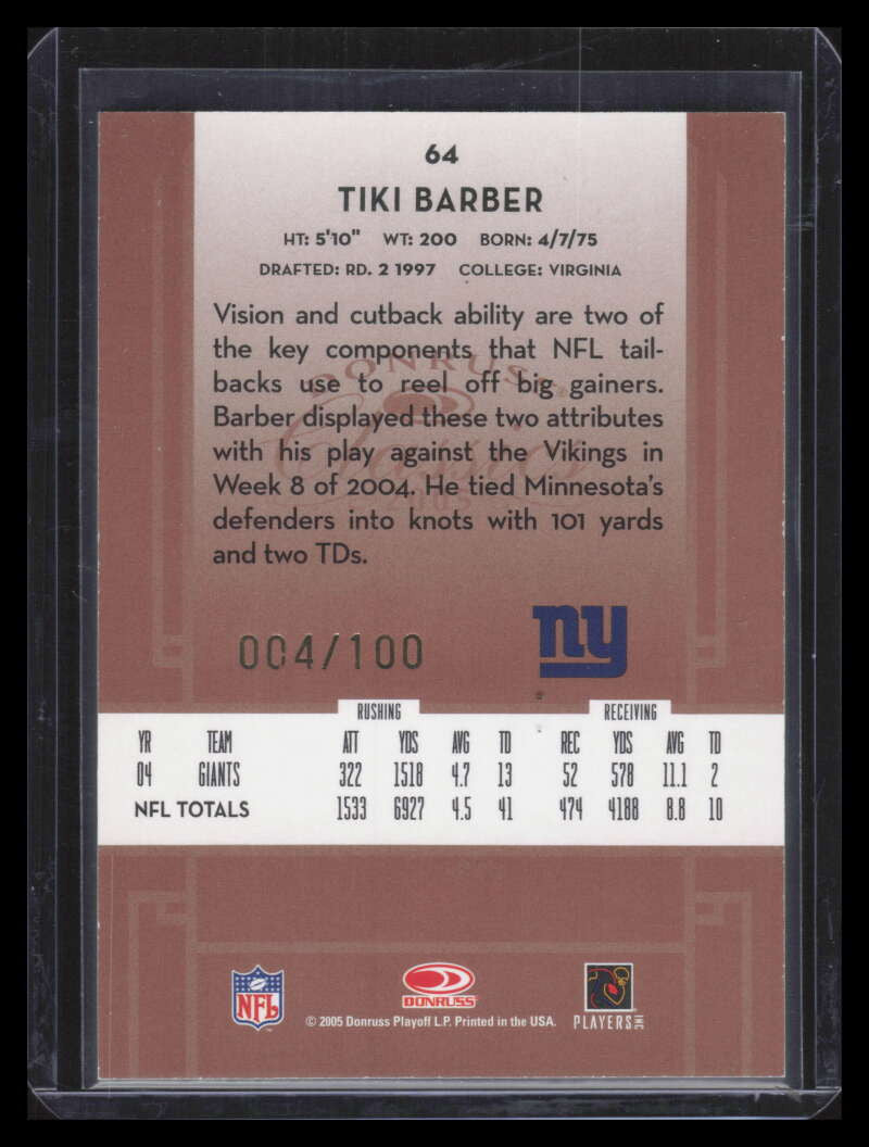 2005 Donruss Classics Timeless Tributes Bronze 64 Tiki Barber 4/100