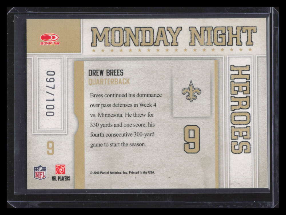 SOLD 178628 2009 Donruss Classics Monday Night Heroes Gold 9 Drew Brees 97/100