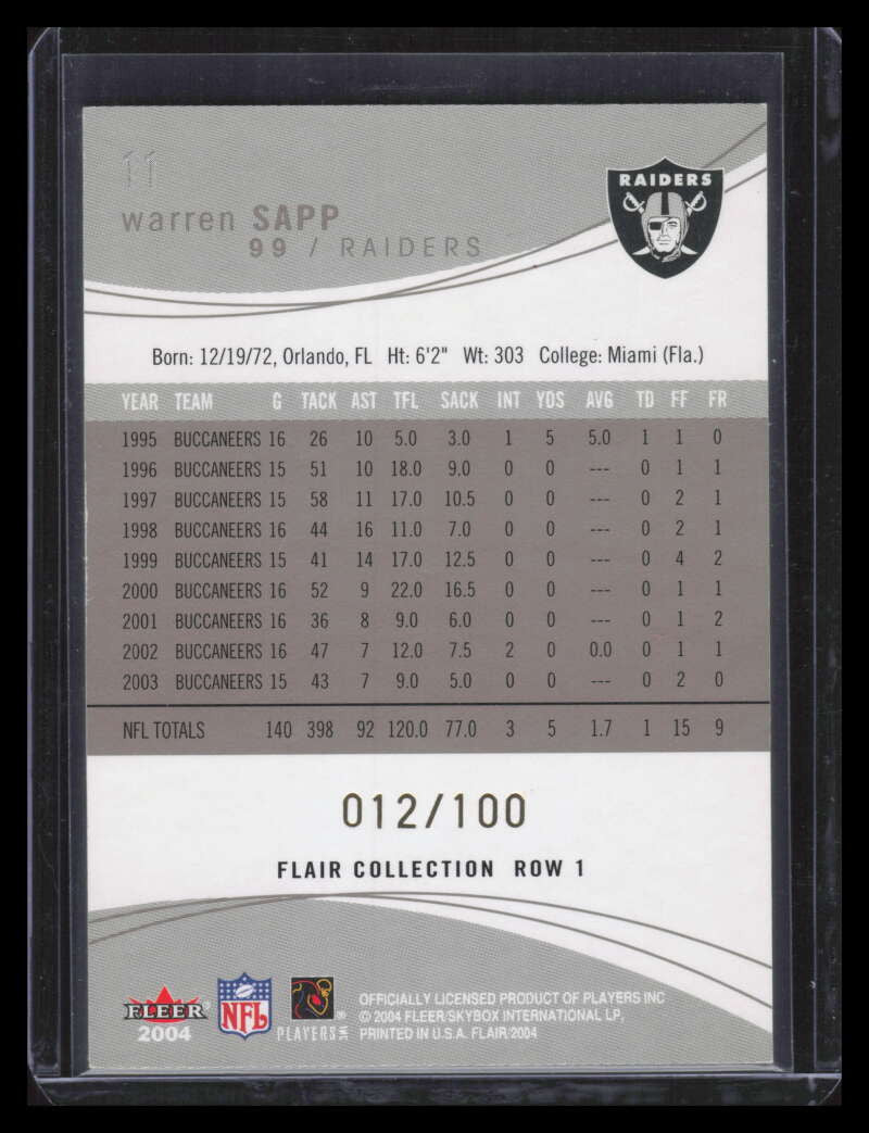 2004 Flair Collection Row 1 11 Warren Sapp 12/100