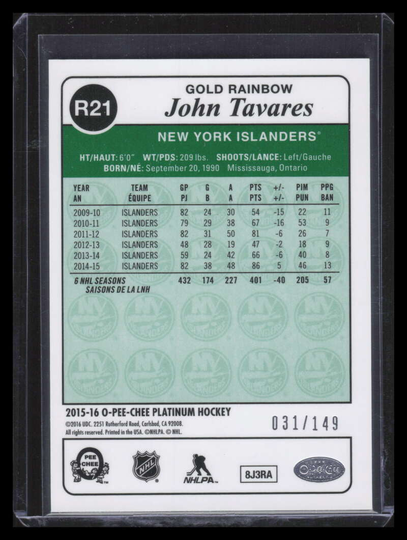 2015-16 O-Pee-Chee Platinum Retro Rainbow Gold Refractor r21 John Tavares 31/149