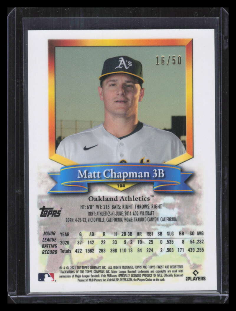 SOLD 178732 2021 Finest Flashbacks Black Refractor 104 Matt Chapman 16/50
