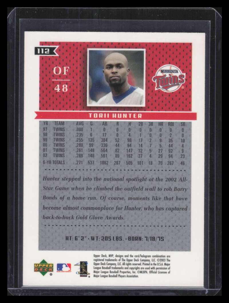 2003 Upper Deck MVP Black 112 Torii Hunter 28/50