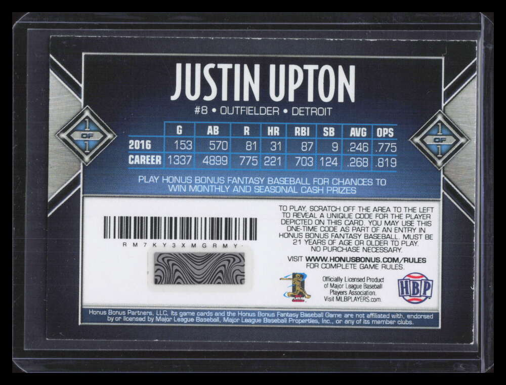 2017 Honus Bonus Fantasy Baseball Career Milestones 67 Justin Upton HR 88 1/1