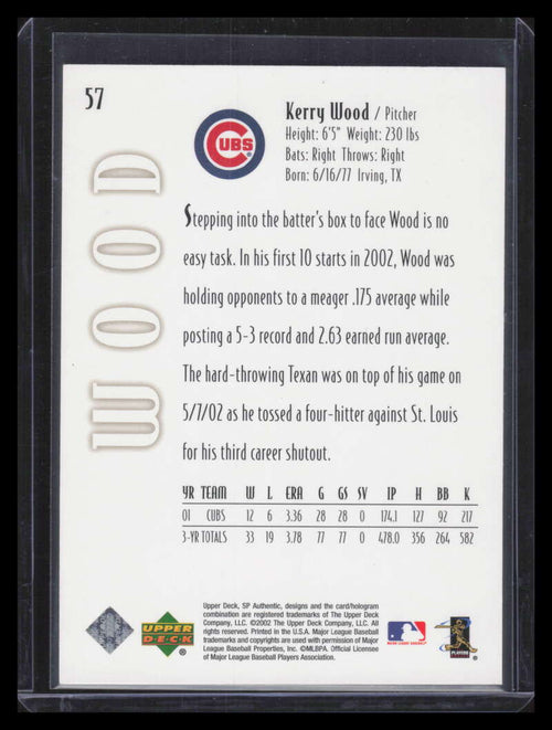 2002 SP Authentic Limited Gold 57 Kerry Wood 19/50