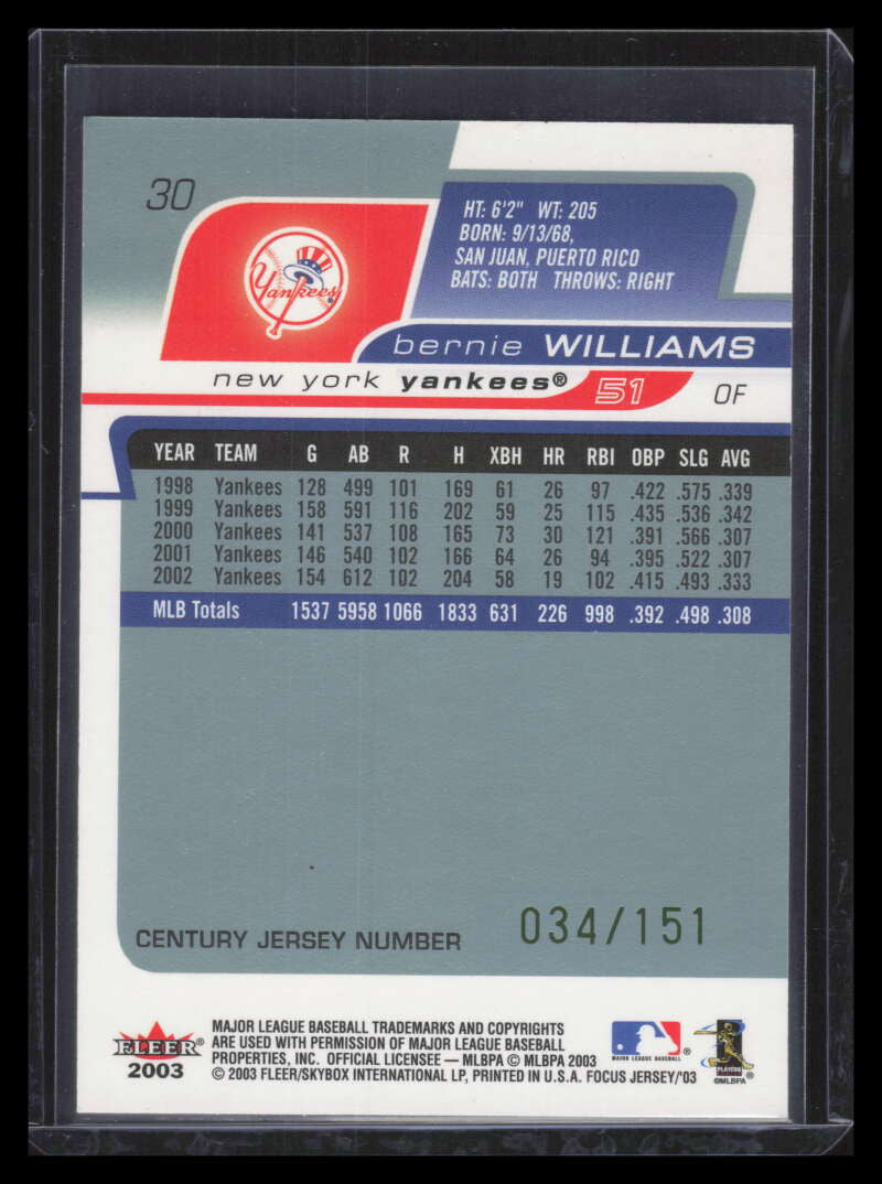2003 Fleer Focus JE Century Parallel 30 Bernie Williams 34/151