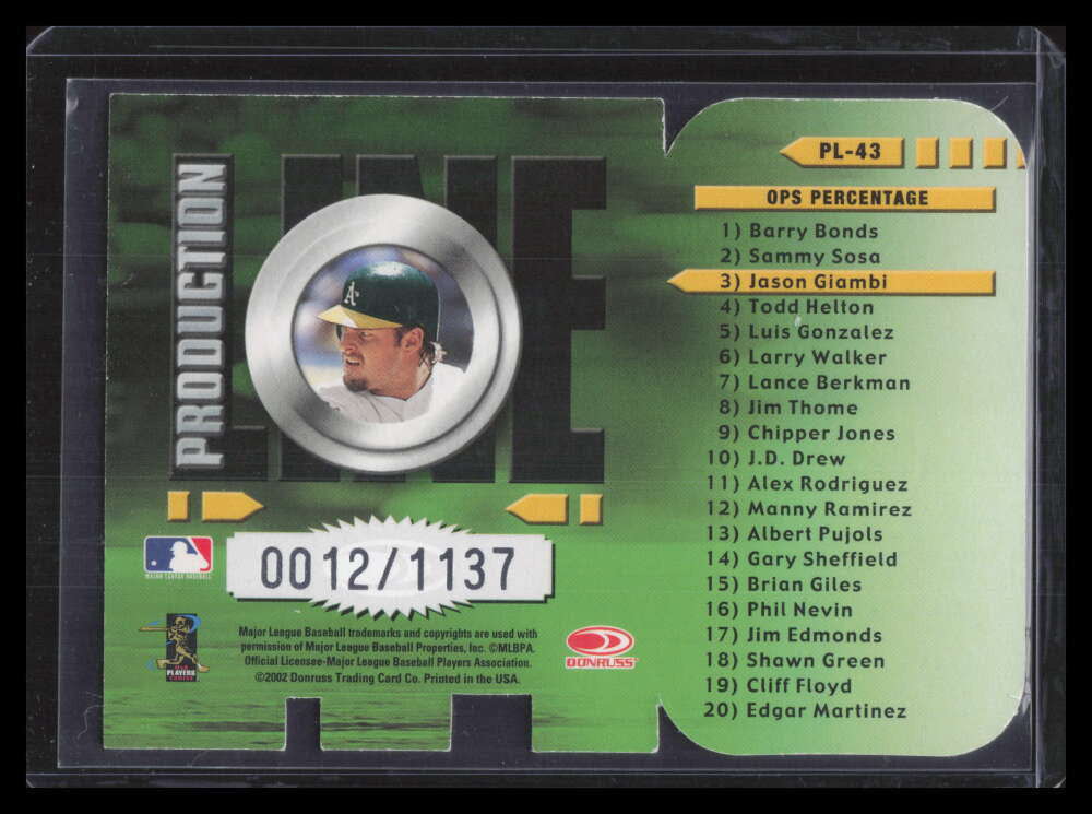 2002 Donruss Production Line Die Cuts 43 Jason Giambi OPS 12/100