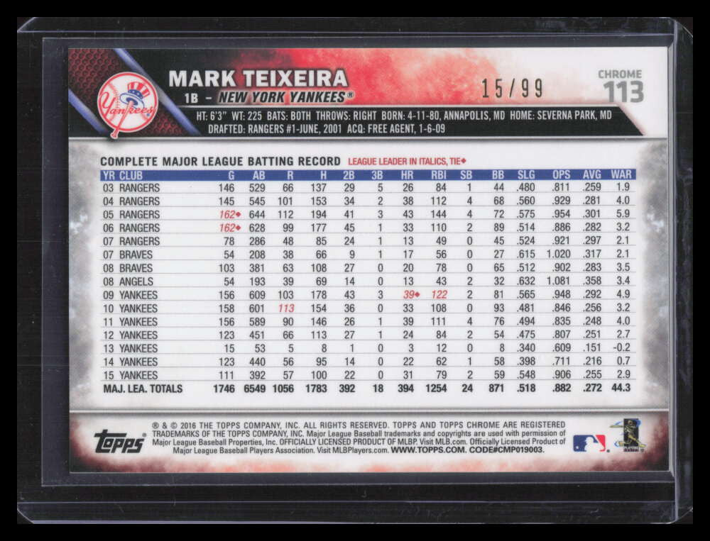 2016 Topps Chrome Green Refractor 113 Mark Teixeira 15/99