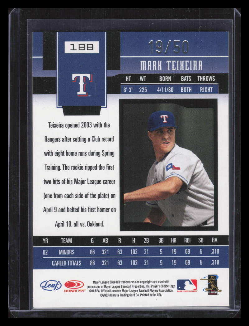 2003 Leaf Certified Materials Mirror Blue 188 Mark Teixeira 19/50
