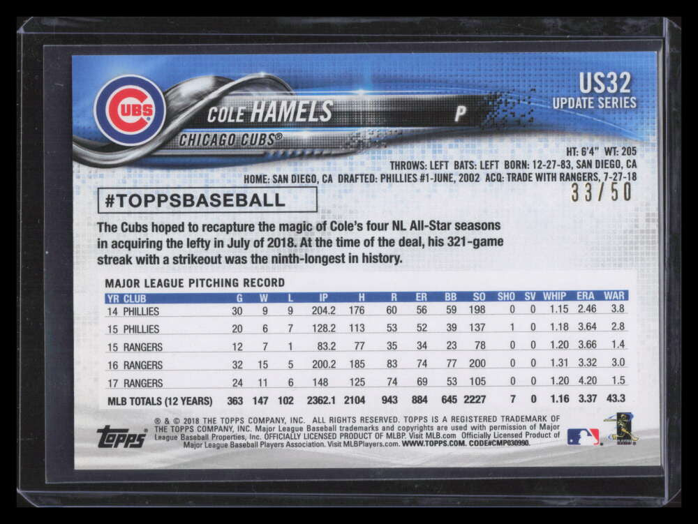 2018 Topps Update Father's Day Blue us32 Cole Hamels 33/50
