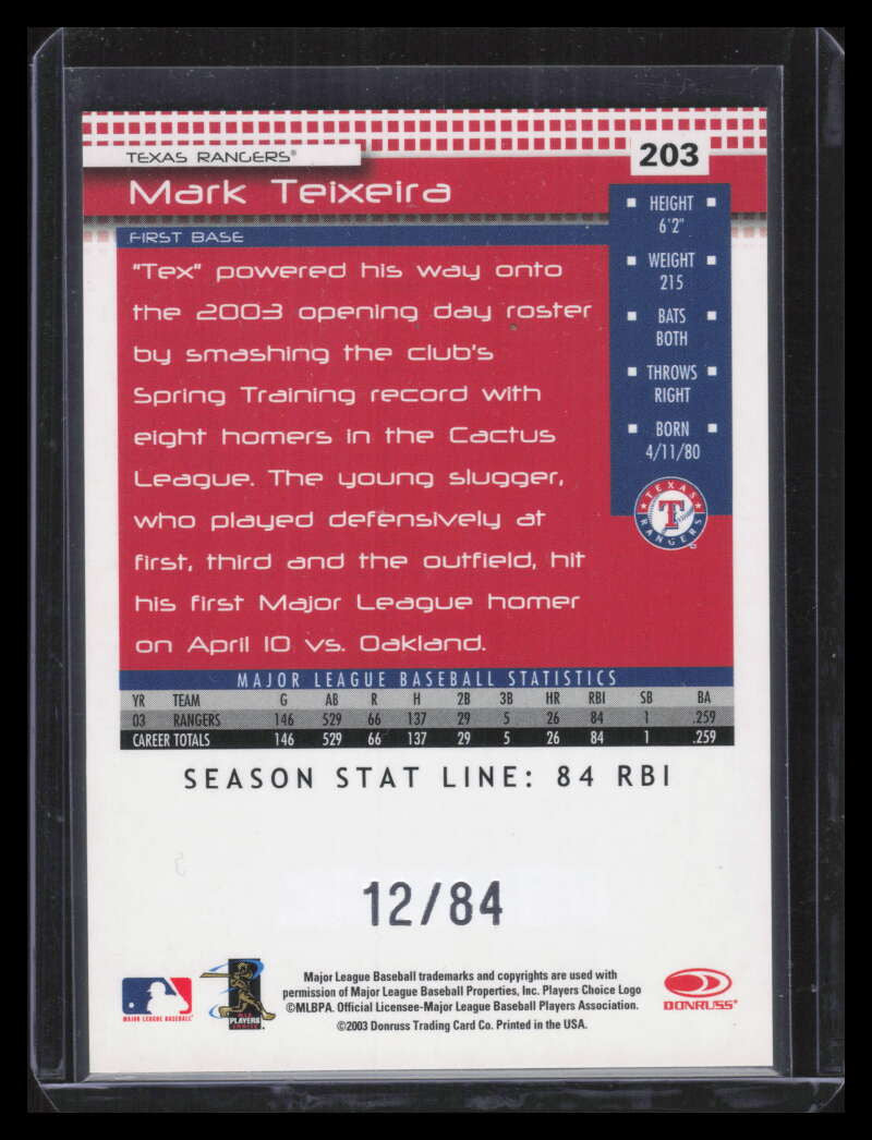 2004 Donruss Stat Line Season 203 Mark Teixeira 12/84