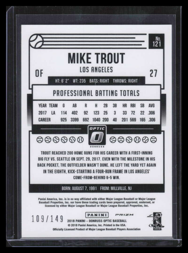 2018 Donruss Optic Blue Refractor 121 Mike Trout 109/149