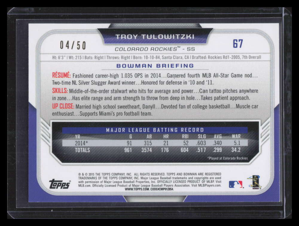 2015 Bowman Purple Ice 67 Troy Tulowitzki 4/50