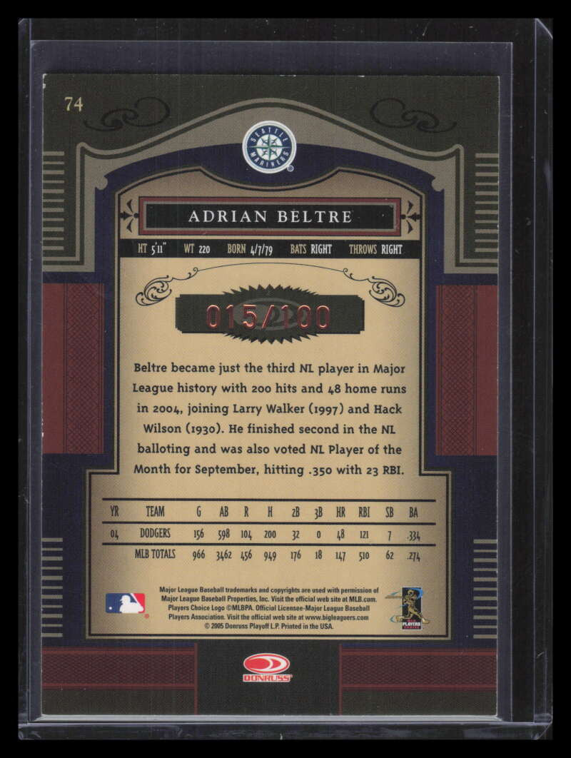 2005 Timeless Treasures Bronze 74 Adrian Beltre 15/100