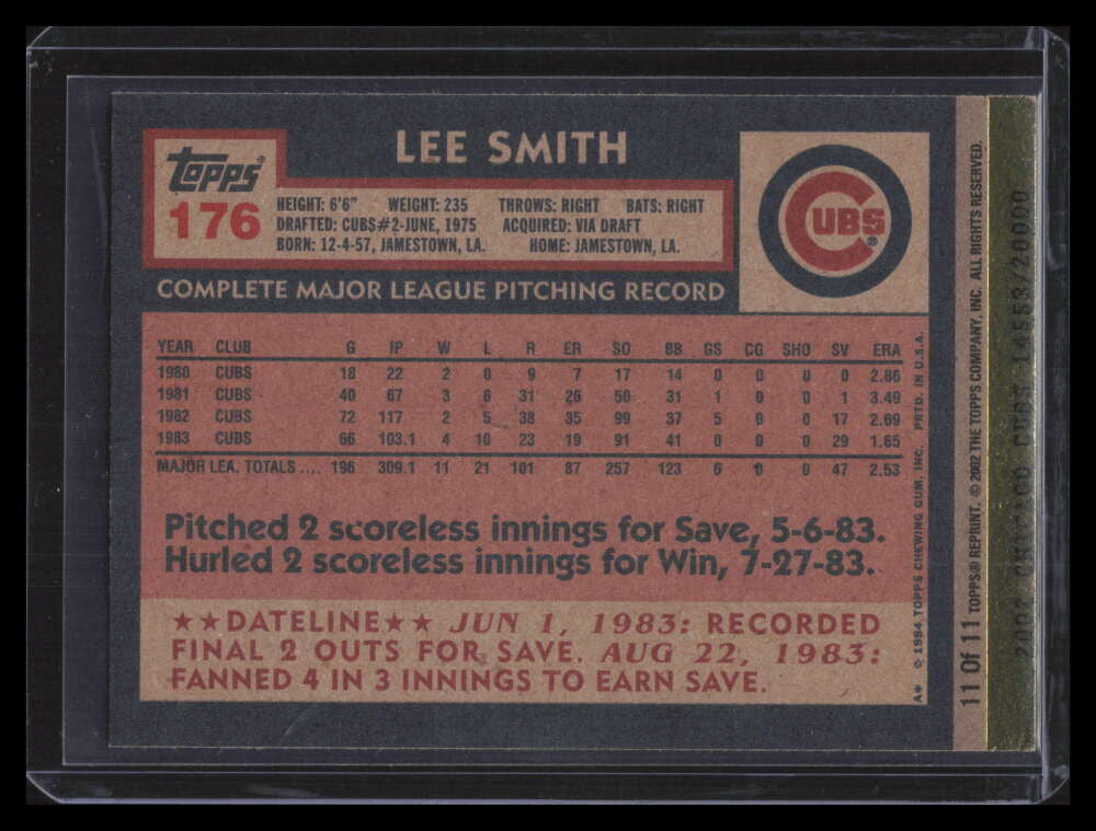 2002 Cubs Topps Best Moments 11 Lee Smith 1984 Topps September 28th 14553/20000
