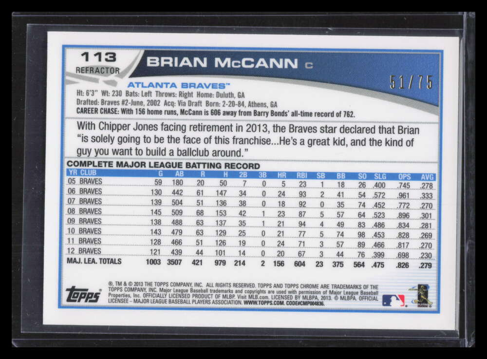 2013 Topps Chrome Sepia Refractor 113 Brian McCann 51/75