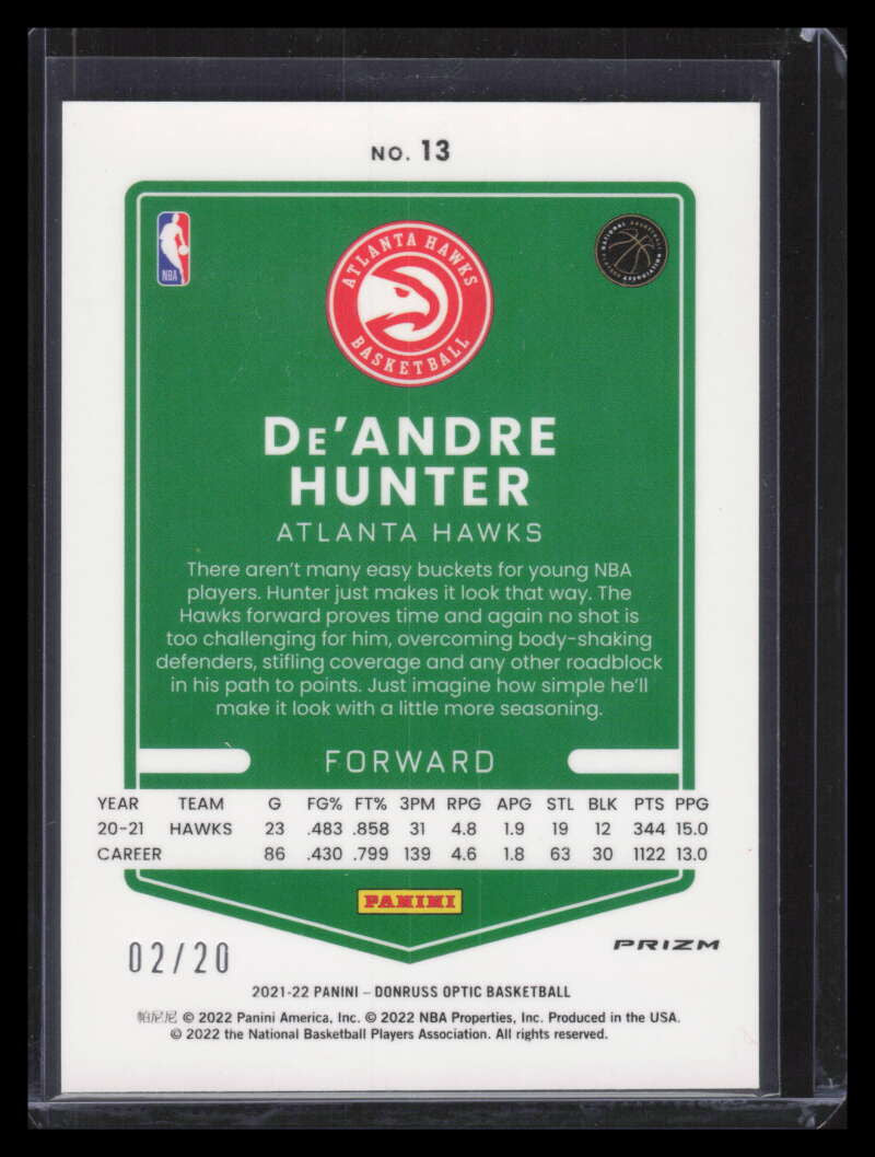 2021-22 Donruss Optic Fast Break Pink Refractor 13 De'Andre Hunter 2/20
