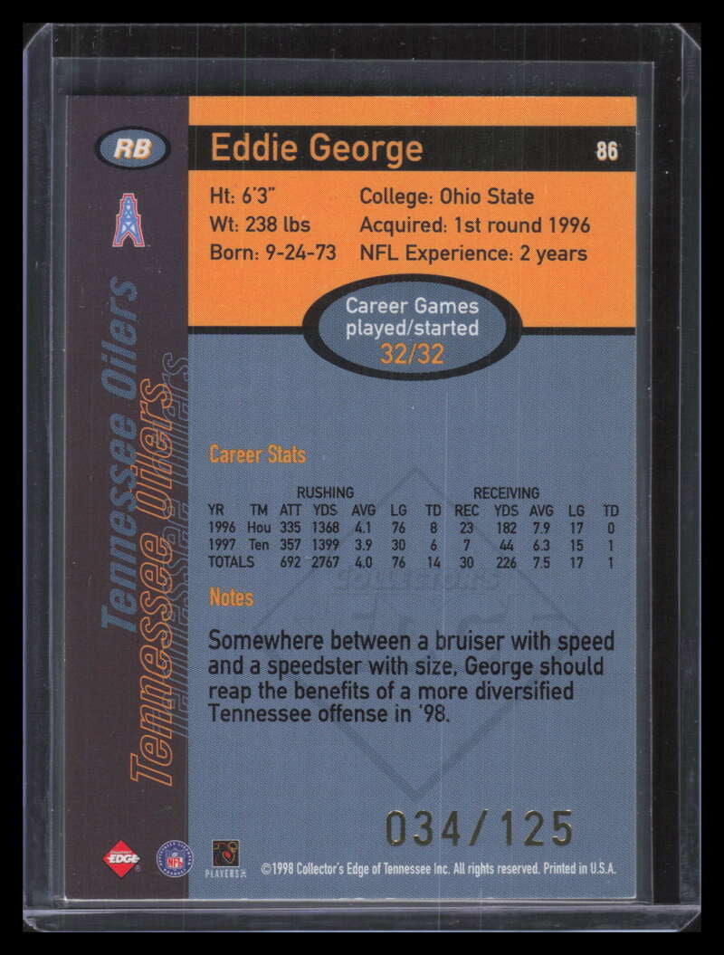 1998 Collector's Edge First Place 50-Point Silver 86 Eddie George 34/125