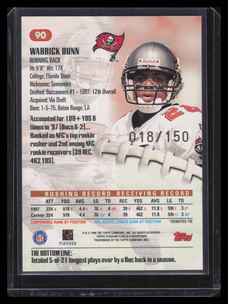 1998 Stadium Club One of a Kind 90 Warrick Dunn 18/150