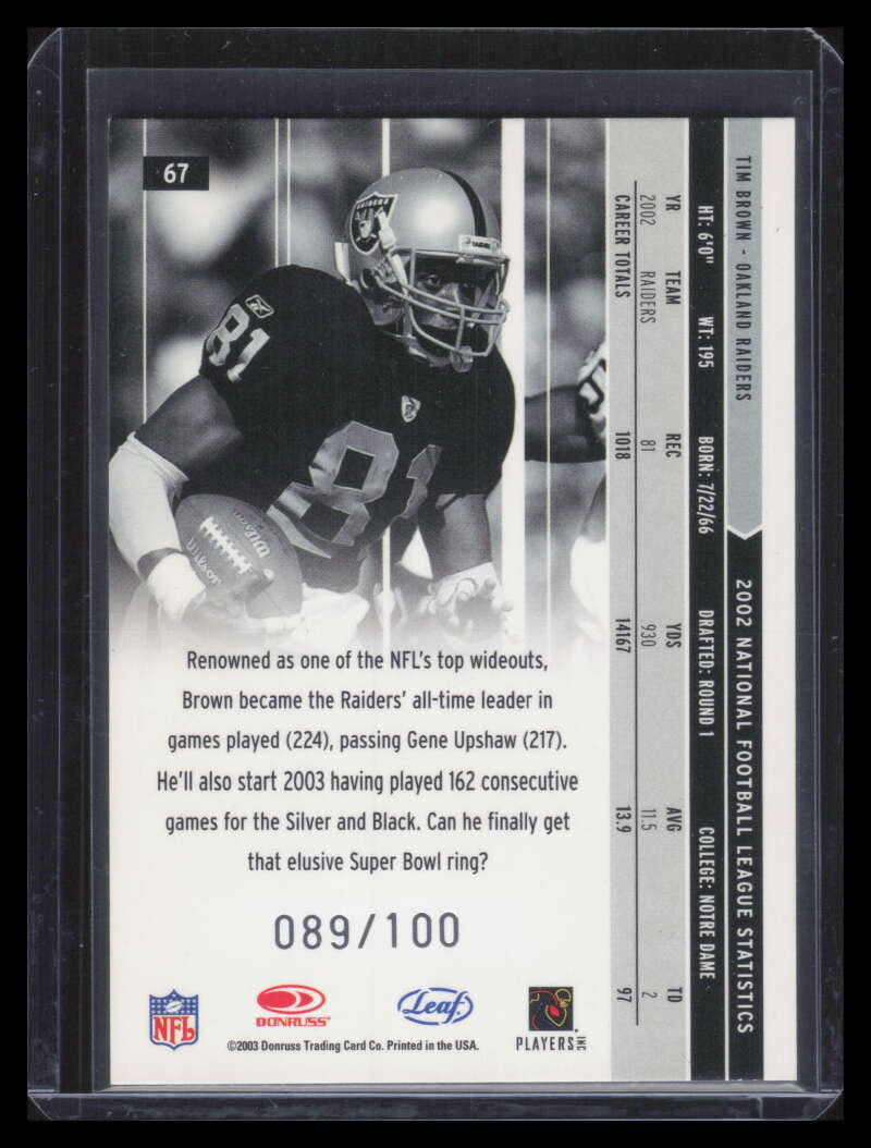 2003 Leaf Rookies and Stars Longevity 67 Tim Brown 89/100