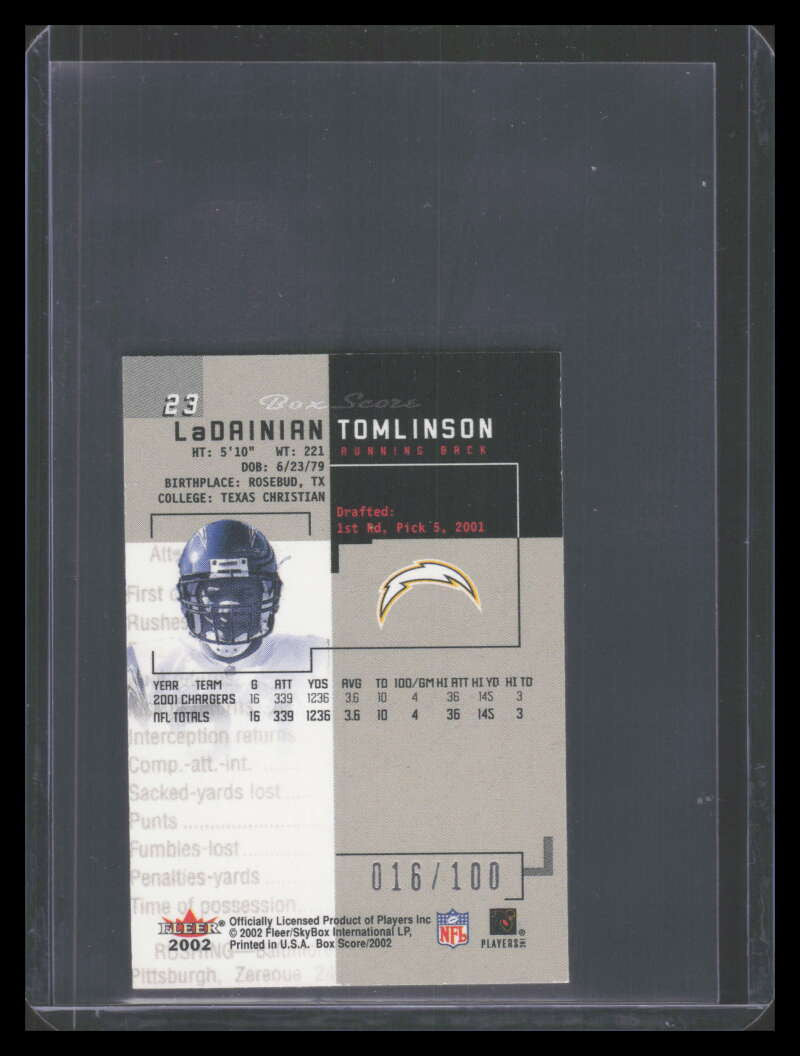 SOLD 178961 2002 Fleer Box Score Classic Miniature First Edition 23 LaDainian Tomlinson /100
