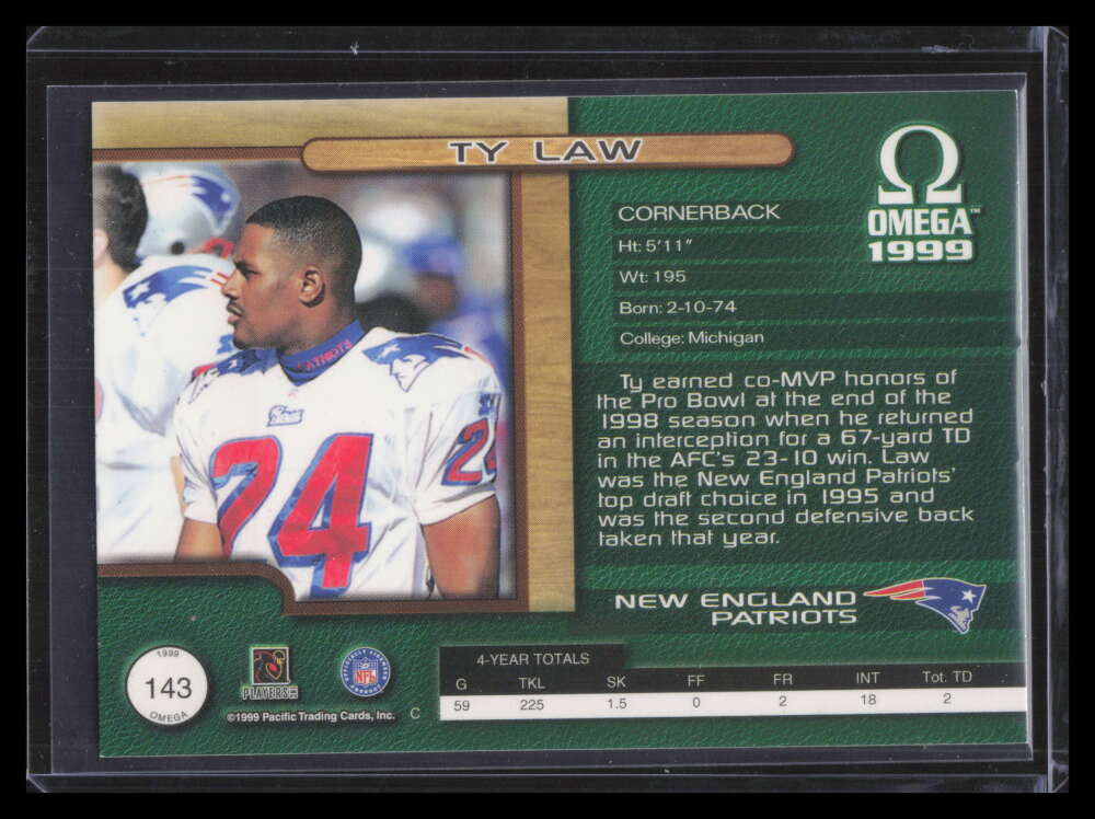 1999 Pacific Omega Premiere Date 143 Ty Law 19/60