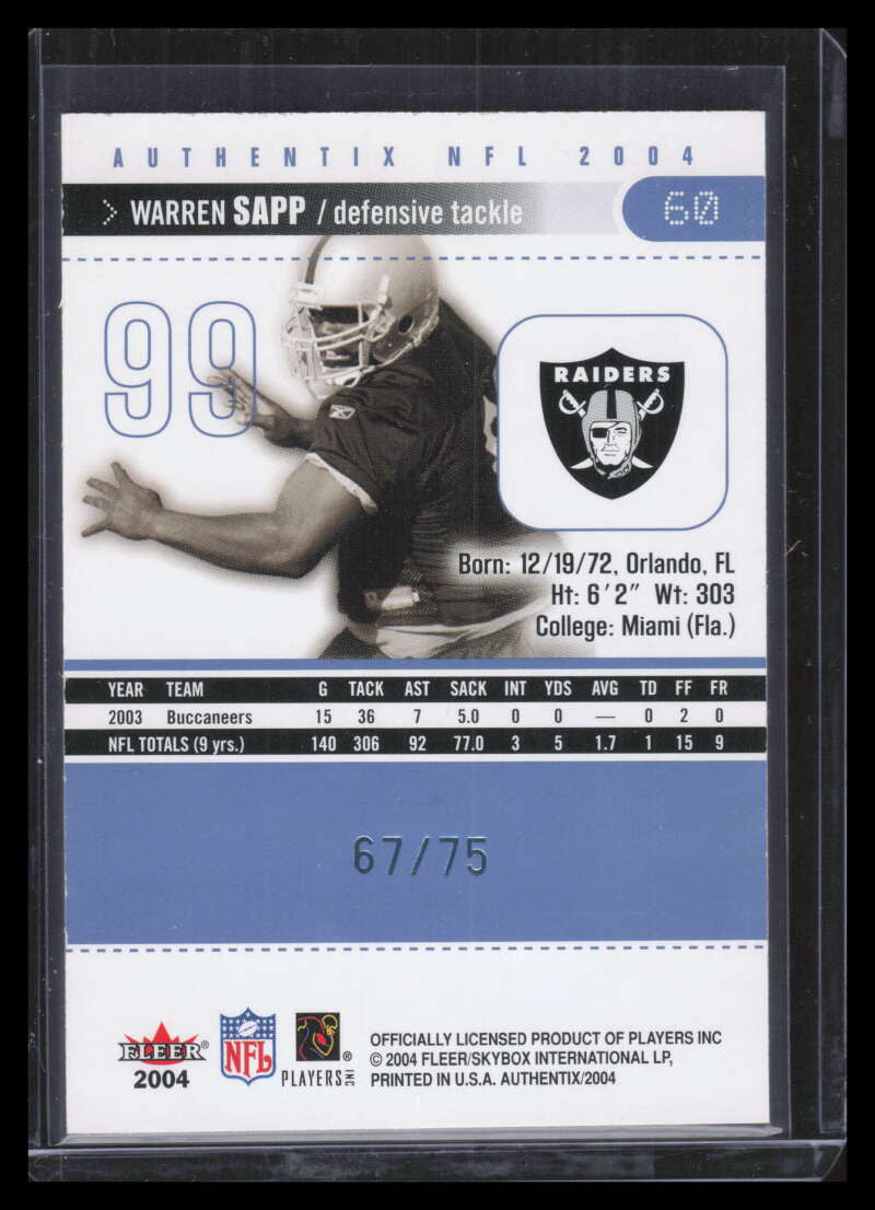 2004 Fleer Authentix Balcony Blue 60 Warren Sapp 67/75
