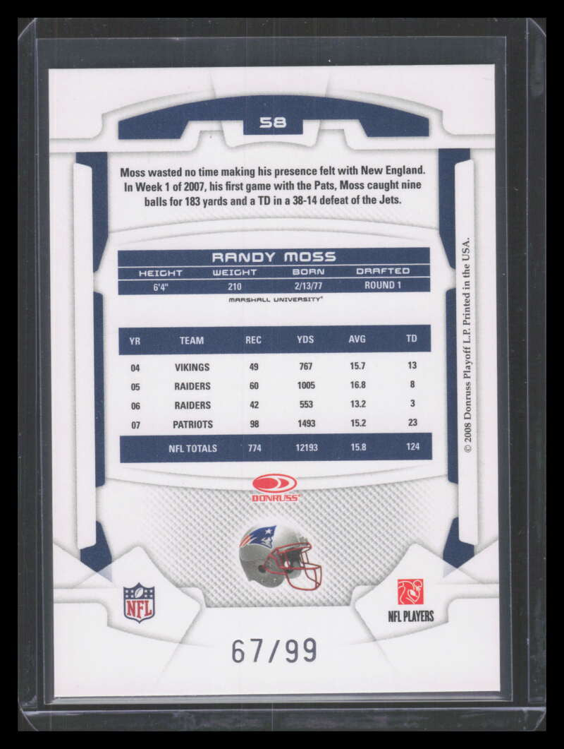 2008 Leaf Rookies and Stars Longevity Silver Holofoil 58 Randy Moss 67/99