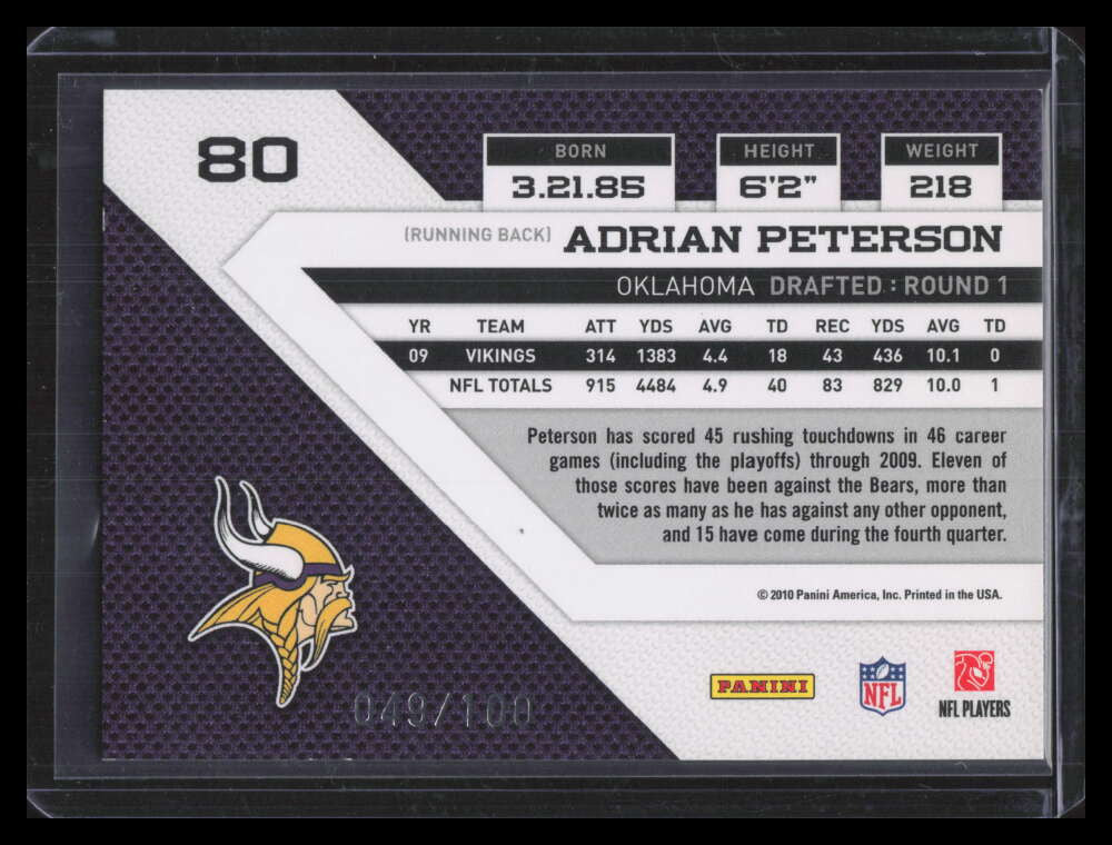 2010 Panini Threads Gold Holofoil 80 Adrian Peterson 49/100