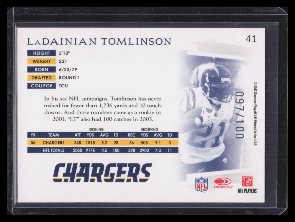 2007 Donruss Threads Silver Holofoil 41 LaDainian Tomlinson 97/100
