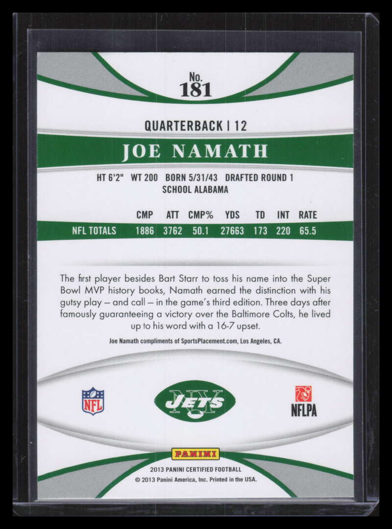 2013 Certified Platinum Blue 181 Joe Namath 66/100 Immortals