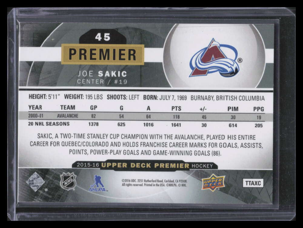 2015-16 Upper Deck Premier 45 Joe Sakic 36/299