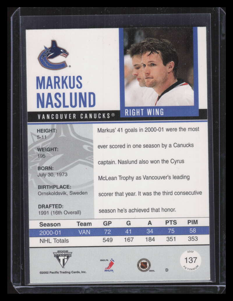 2001-02 Titanium Hobby Red 137 Markus Naslund 51/94