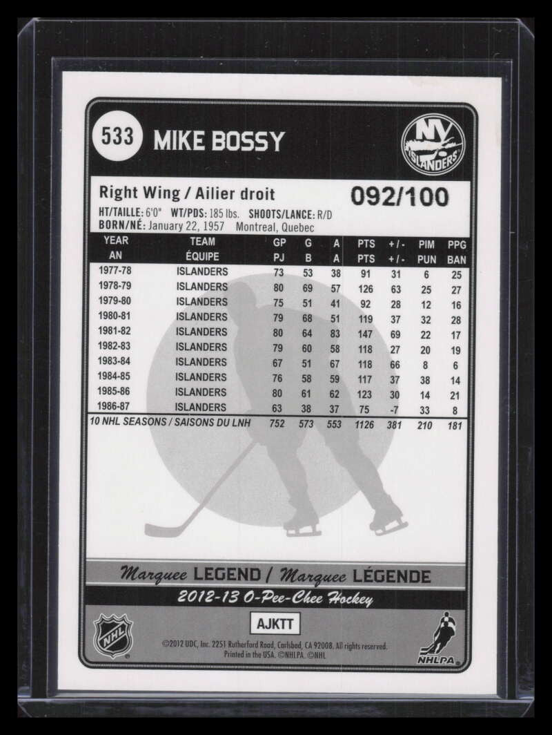 SOLD 179122 2012-13 O-Pee-Chee Black Rainbow 533 Mike Bossy 92/100