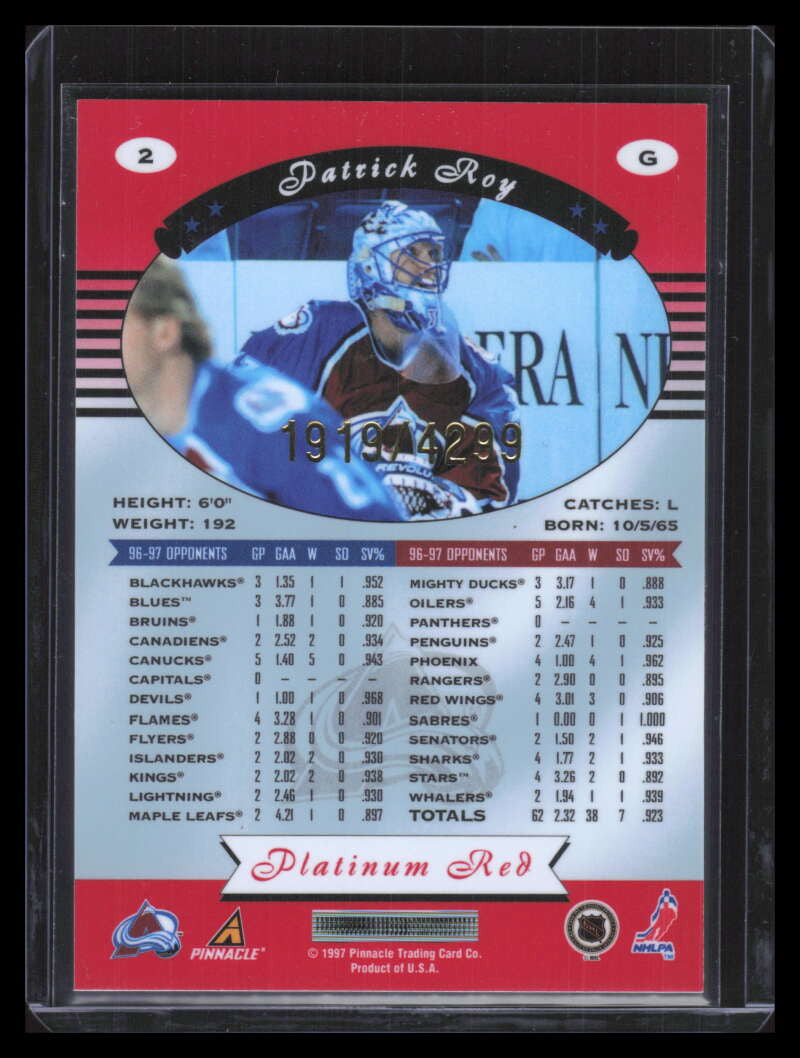 1997-98 Pinnacle Totally Certified Platinum Red 2 Patrick Roy 1919/4299