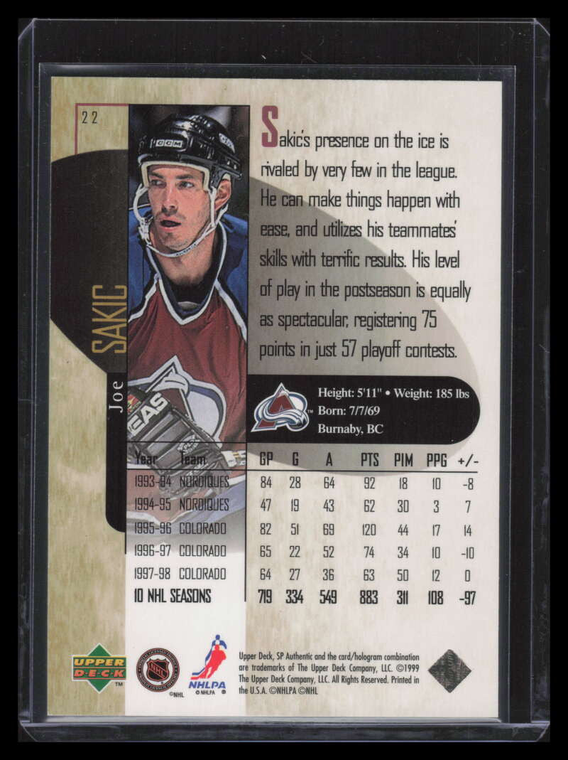 1998-99 SP Authentic Power Shift 22 Joe Sakic 376/500