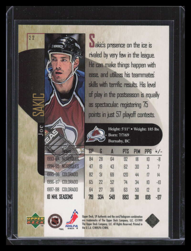 1998-99 SP Authentic Power Shift 22 Joe Sakic 260/500