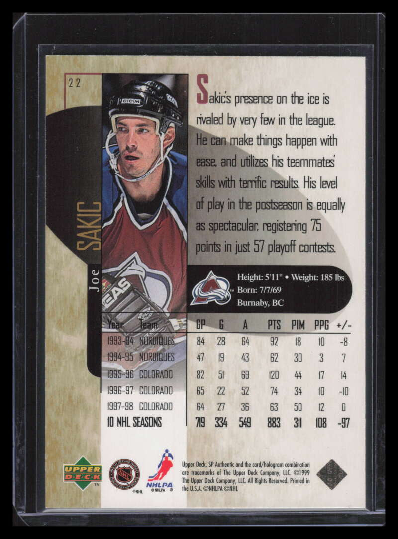 1998-99 SP Authentic Power Shift 22 Joe Sakic 301/500