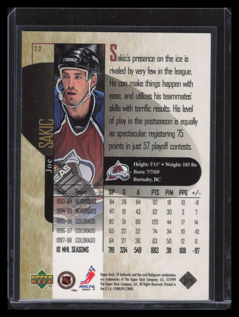 1998-99 SP Authentic Power Shift 22 Joe Sakic 362/500