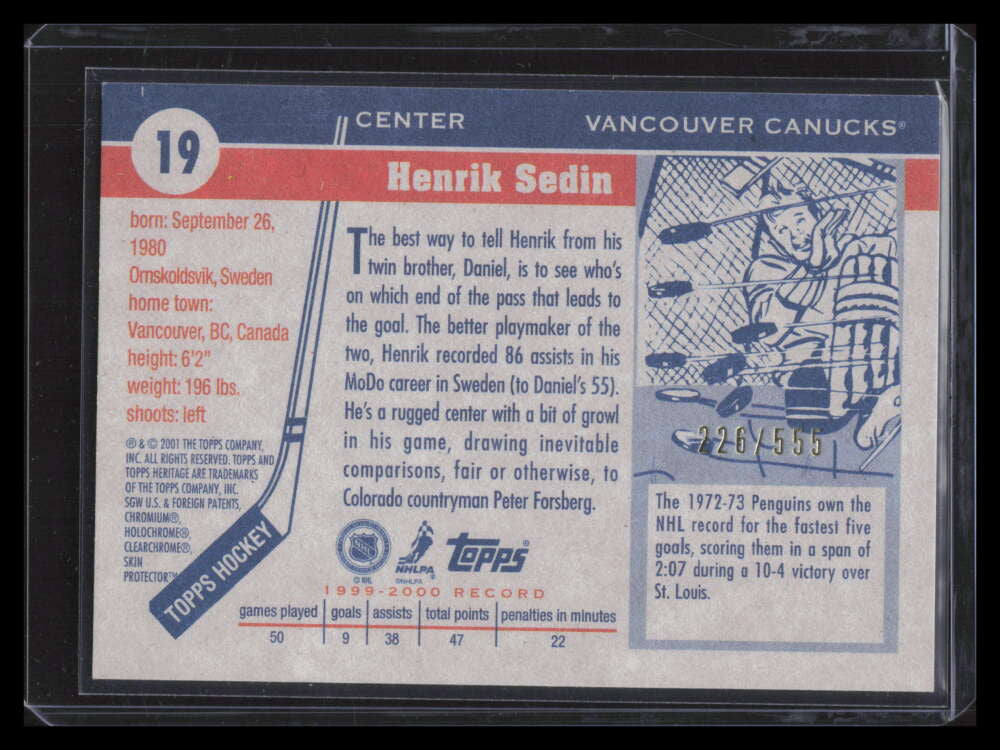 2000-01 Topps Heritage Chrome Parallel 19 Henrik Sedin 226/555