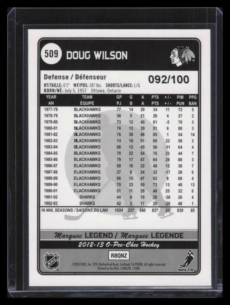 2012-13 O-Pee-Chee Black Rainbow 509 Doug Wilson 92/100