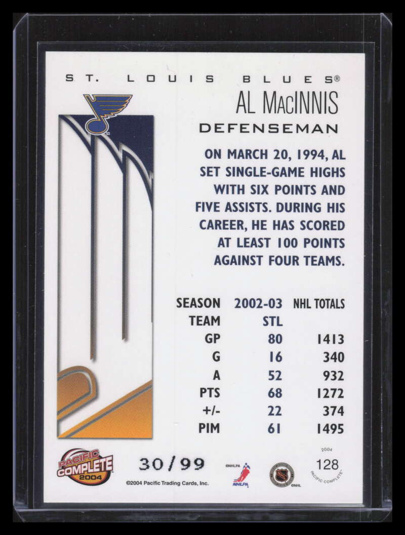 2003-04 Pacific Complete Red 128 Al MacInnis 30/99