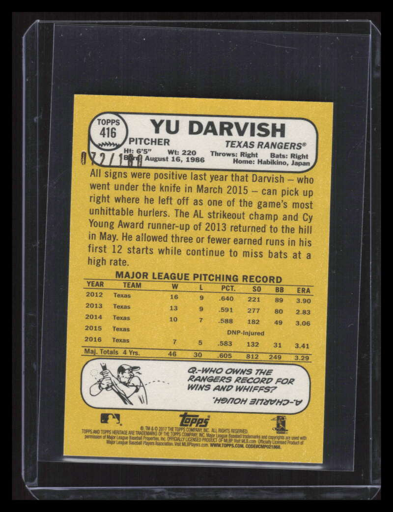 2017 Topps Heritage Mini 416 Yu Darvish 72/100