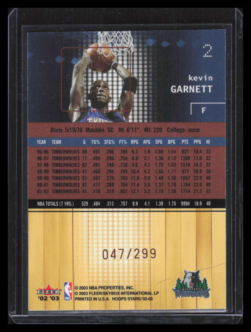2002-03 Hoops Stars Five-Star 2 Kevin Garnett 47/299