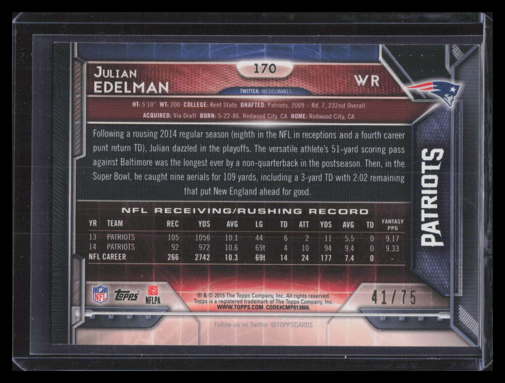 2015 Topps Orange 170 Julian Edelman 41/75