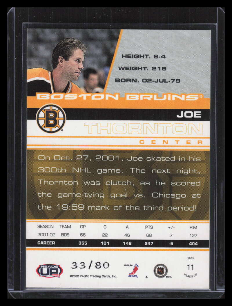 2002-03 Pacific Heads Up Red 11 Joe Thornton 33/80