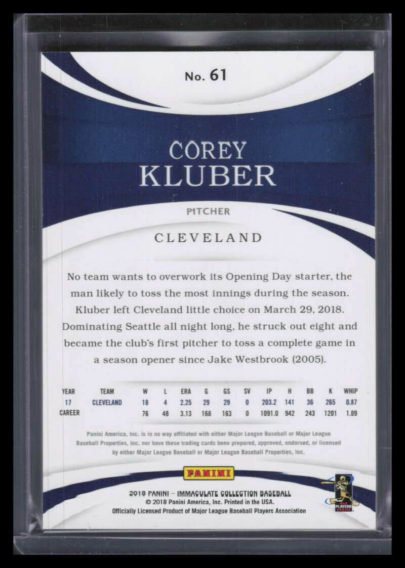 2018 Immaculate Collection Blue 61 Corey Kluber 1/10
