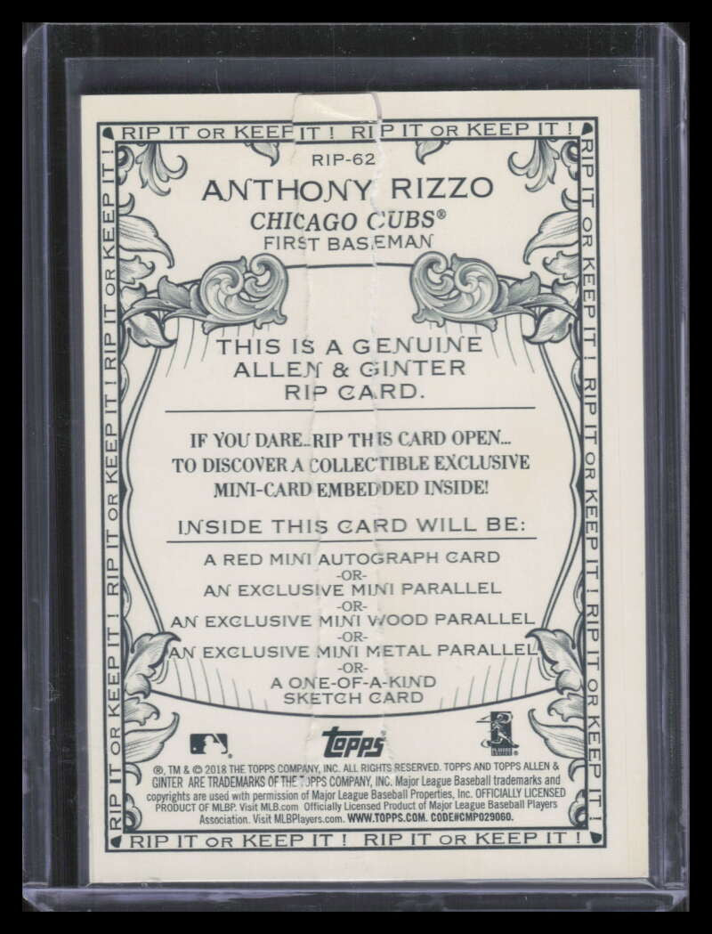 2018 Topps Allen and Ginter Rip Cards Ripped rip62 Anthony Rizzo 67/75
