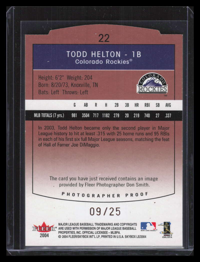 2004 SkyBox LE Photographer Proof 22 Todd Helton 9/25