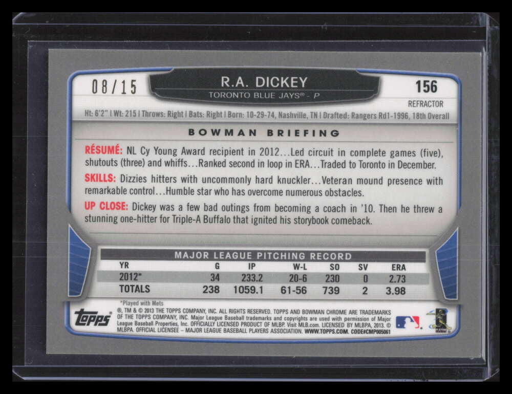 2013 Bowman Chrome Black Refractor 156 R. A. Dickey 8/15