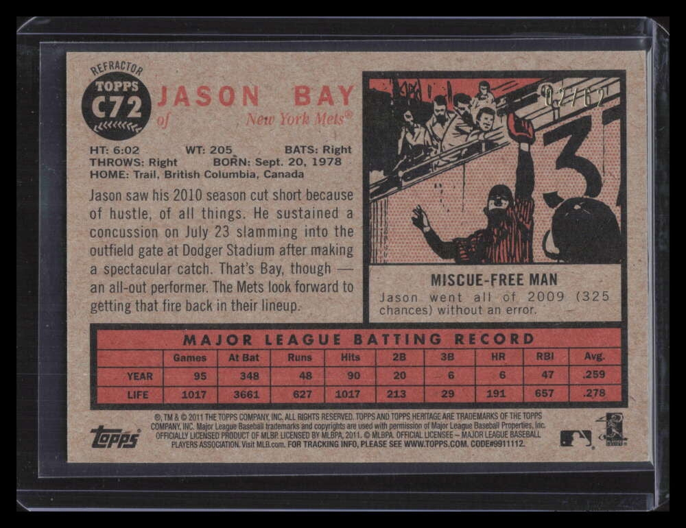 2011 Topps Heritage Chrome Black Refractor c72 Jason Bay 2/62